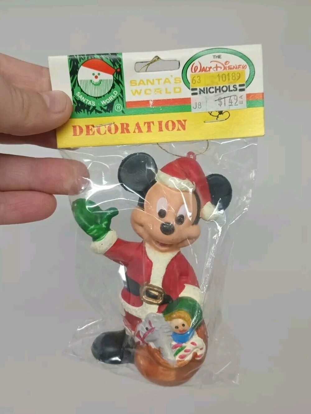 Vintage The Walt Disney Co Plastic Blow Mold 4" Mickey Mouse Santa Ornament NOS